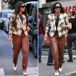 Tibi Dylan Plaid Cream Cropped Jacket Blazer in Ivory Camel Size 12